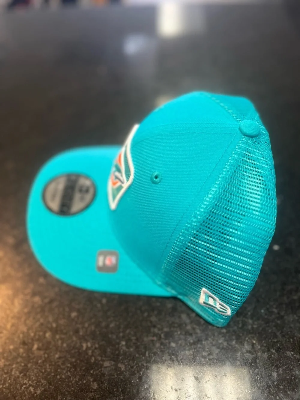 New Era teal and orange Miami Dolphins Patch Trucker Cap one sz fits all